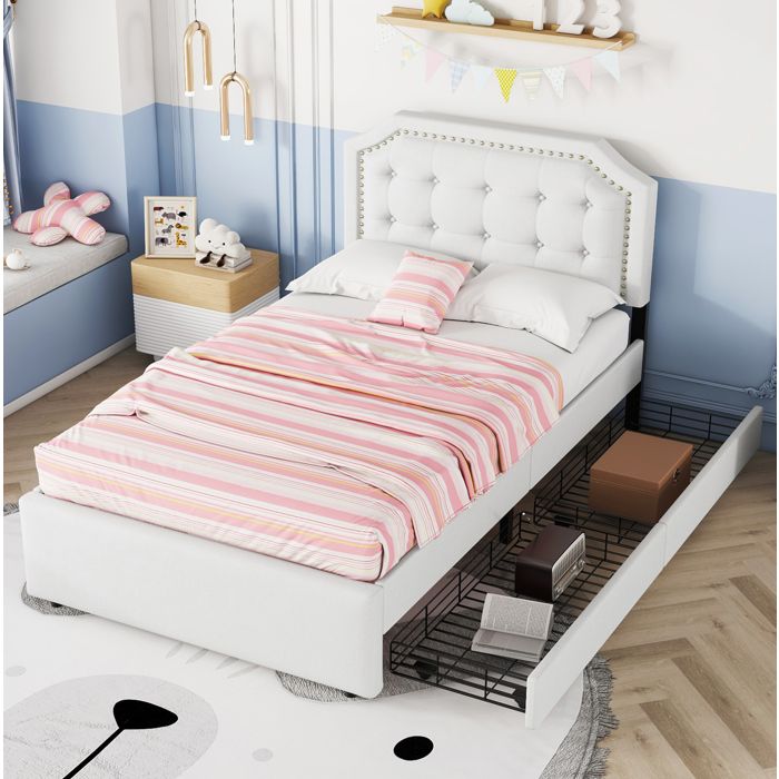 Lit 90x200 cm rembourré avec tête de lit capitonnée clous décoratifs et 2 tiroirs beige
