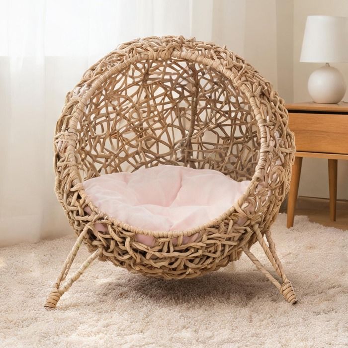 Panier chat surélevé boule trépied résine tressée imitation rotin beige Ø 52 - Beige Résine tressée 52 x 52 x 58 cm Ref AAMIKG