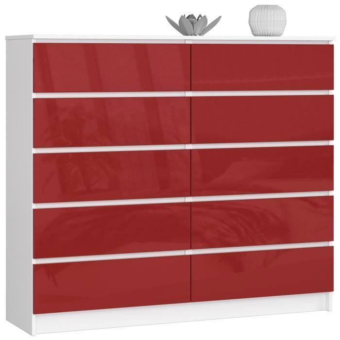 Commode AKORD K140 Blanche 138 cm 10 tiroirs façade Rouge Brillante 138x40x121 cm