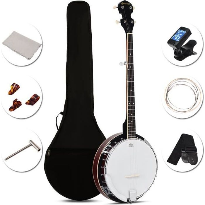 Banjo 5 Cordes 39 Pouces avec Remo Peau,24 Réglables Supports,Ensemble de Cordes,Sac à Dos,3