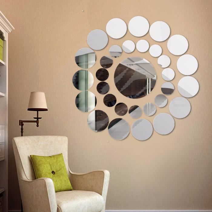 Lot De 36 Miroirs Ronds Autocollants Muraux - Décoration Détachable - Blanc - Pour Salle De Bain, Chambre