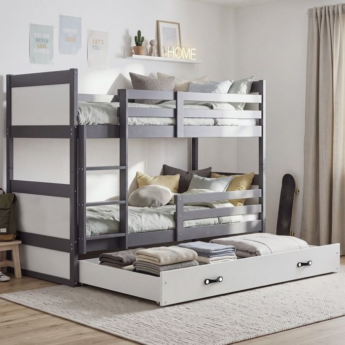 Lit superposé séparable RICO 90x190 cm - Lit enfant en bois graphite et blanc 2 places avec tiroir de rangement et sommiers inclus