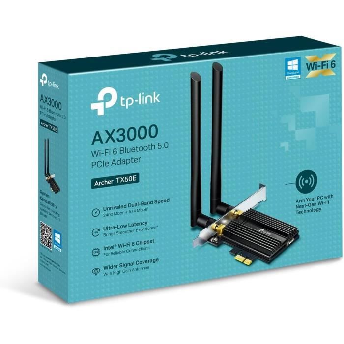 TP-Link WiFi 6 Carte WiFi PCIe AX3000 - Archer TX50E - Adaptateur Bi-bande Carte WiFi Bluetooth 5.3 avec 2 antennes