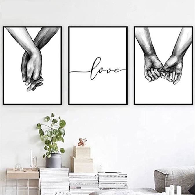 Lot De 3 Affiches Déco Noir Et Blanc - Motif Mains Tenant Et Citation Amour - Toile Sans Cadre - Plusieurs Tailles