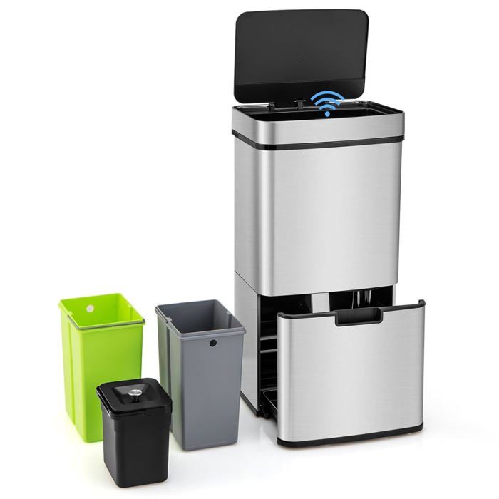 Poubelle Cuisine 72 L - COSTWAY - Ouverture Automatique-3 Seaux Amovibles Tri Selectif Anti-Empreintes Digitales Fermeture Douce