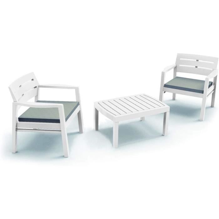 salon de jardin dmora - fauteuils, table basse avec coussins - couleur blanche - made in italy