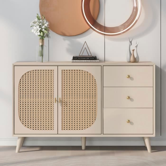 Buffet avec Placard 2 portes 3 tiroirs120x40x60cm-Commode Armoire de Salonstyle moderneMeuble de RangementBlanc cassé