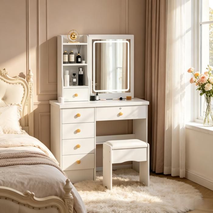 FLASIDU Coiffeuse Miroir LED à Luminosité RéglableTable de Maquillage 6 Tiroirs 80*36*132cm Blanc Style Simple avec tabouret