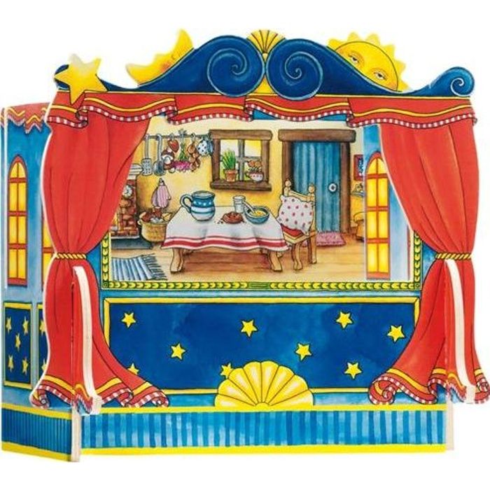 Théâtre De Marionnettes En Bois 87,5x55x24,5 Cm – Avec Rideaux Violets, Ardoise à Craie, Pour Enfants Dès 3 Ans