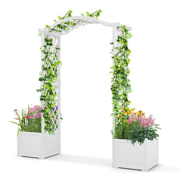 GOPLUS Arches de plantation en bois 184*42*200cm, Arches décoratives de jardinage avec 2 bacs de plantation, Blanc
