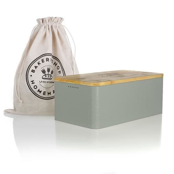 boîte à pain de couleur sage lars nysøm i boîte à pain en métal avec sac à pain en lin pour une fraîcheur durable i 34x18.5x13.5cm