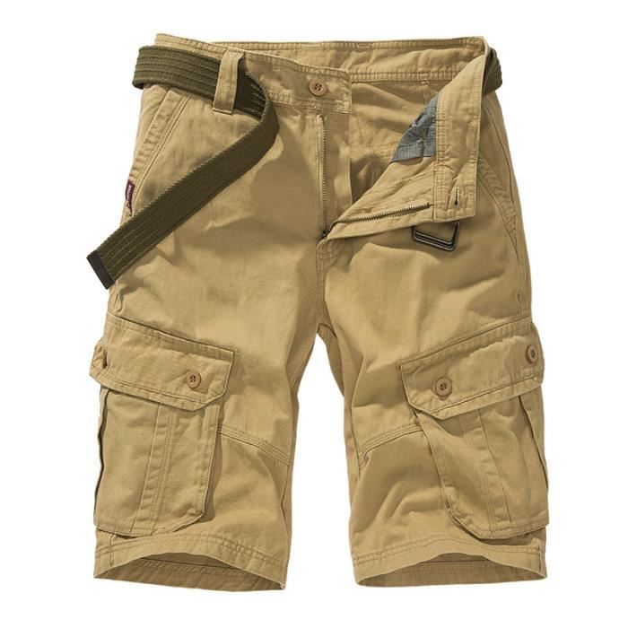 Short Hommes Cargo Ete Coupe Droite Multipoches Casual Couleur Unie