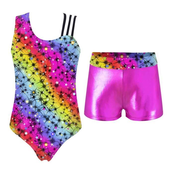 Combinaison Gymnastique Métallisée Justaucorps Gymnastique FEESHOW - Manches Longues + Short - Imprimé Métallisé - Fille Tenue Danse Enfant Imprimé Métallisé