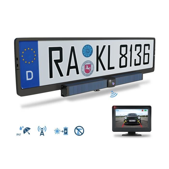 PRUMYA Cam&eacute;ra de Recul Solaire Sans Fil avec Moniteur 4.3 1080P Vision Nocturne IP67 Etanche Plaque dImmatriculation Pour Voiture Camion 