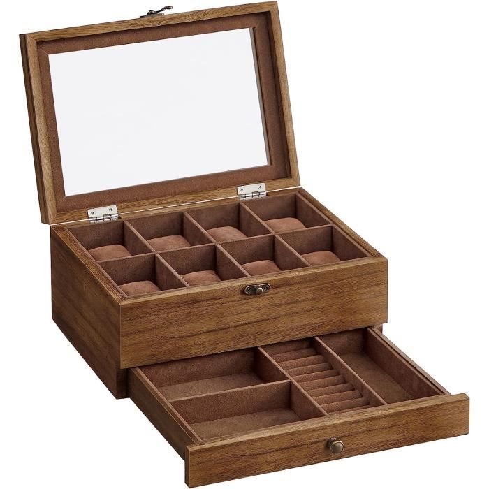 SONGMICS Boîte à Montres 8 emplacements Écrin à Montres en Bois avec Couvercle en Verre Couleur Boisée Rustique