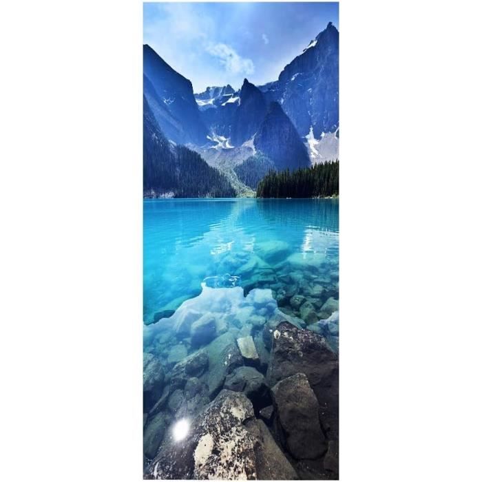 workid Sticker Porte Trompe l'oeil Effect Papier Peint 3D pour Porte intérieure Bureau Chambre à Coucher Salon Salle de Bain cerf prunier pics de montagne 77 x 200 cm