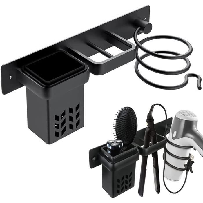 Support Mural Adhésif Pour Sèche-cheveux Et Accessoires - Acier Inoxydable Noir 38x13x10.3 Cm, Rangement Salle De Bain