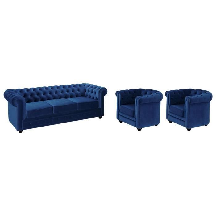 canapé 3 places et 2 fauteuils chesterfield - velours bleu roi - vente-unique - fixe - confortable - ressorts