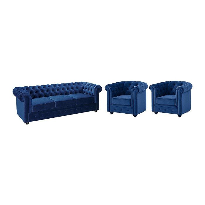 Canapé 3 places et 2 fauteuils CHESTERFIELD - Velours bleu roi