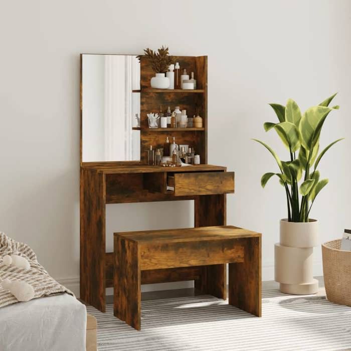 vidaXL Ensemble de Coiffeuse Table de Maquillage Tabouret Table de Coiffeuse Meuble de Chambre à Coucher Intérieur Chêne 3114144