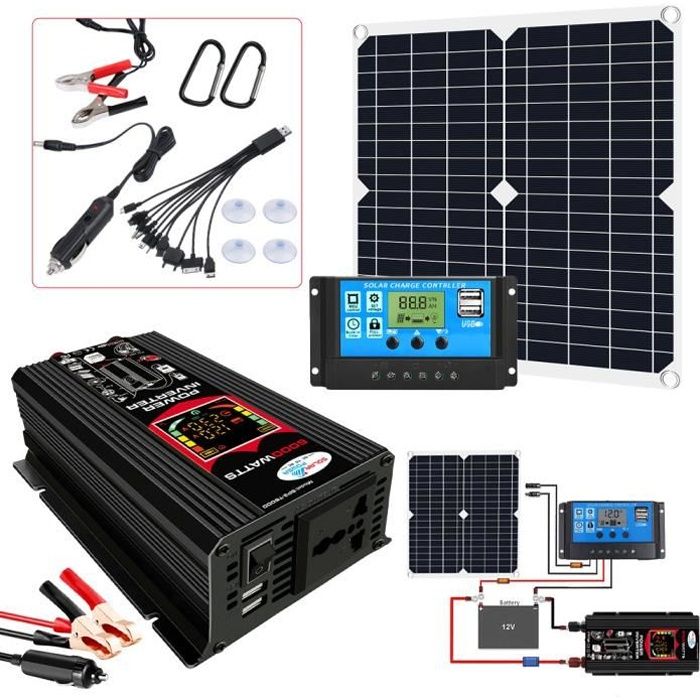 Pack panneau solaire 20w batterie rechargeable convertisseur tension 150w  12v 220v 12 220