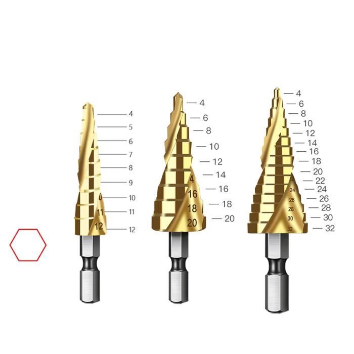 Lot De 3 Forets étagés Coniques Qibaok - HSS Revêtu Titane, Diamètres 4-12/4-20/4-32 Mm - Pour Métal, Bois, Plastique
