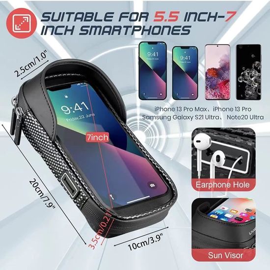 Sacoche Guidon Vélo étanche Avec Support Téléphone Rotatif 360° - Ecran Tactile, Housse Pluie Incluse