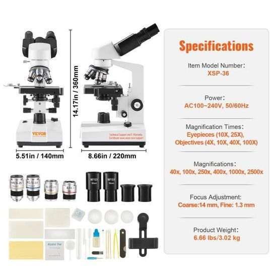 Microscope Trinoculaire Professionnel VEVOR - Grossissement 40X à 5000X - Corps En Alliage D’aluminium - Éclairage LED - Kit Complet Avec Accessoires Et Support Téléphone