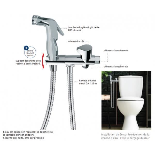 Kit complet hygiène WC avec douchette jet pluie à gachette, flexible métal  chromé - VALKI91170000000
