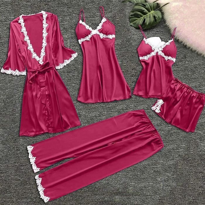 5 pieces femme sexy chic ensemble de vetements de nuit satin nuisette dentelle cami chemise de pyjama femmes sexy peignoir e 6 Vin xl Cdiscount Pret a Porter