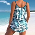 Maillot de Bain Femme 2 Pieces Tankini Grande Taille Jupette Robe Bikini Beachwear Shorty Impression Bleu-2