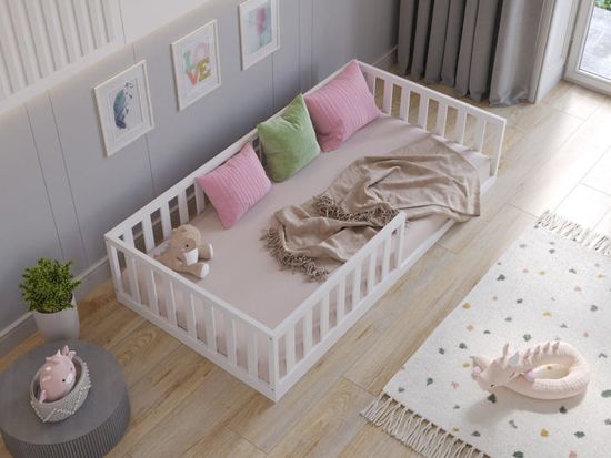 IDIMEX Lit Enfant Gustavo Lit Au Sol 90x200 Cm D'inspiration Montessori, Avec Barrières De Protection, En Pin Massif Lasuré Blanc