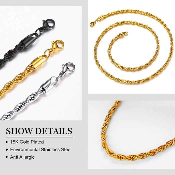 Collier Homme Chaîne Rope Torsadée - Largeur 3 Ou 6 Mm - Longueur 46 à 76 Cm - Acier Inox Plaqué Or/argent/noir