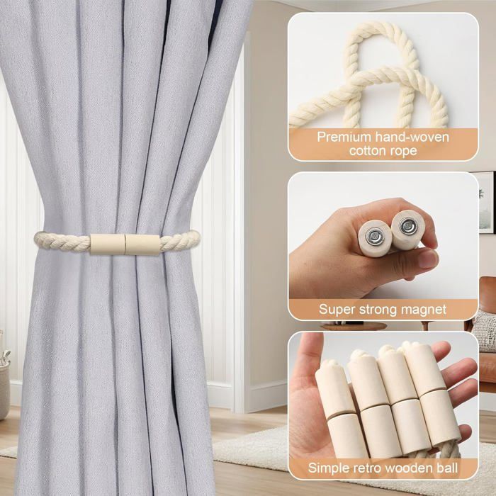 Lot De 4 Embrasses De Rideaux Magnétiques En Bois Pour Décoration De