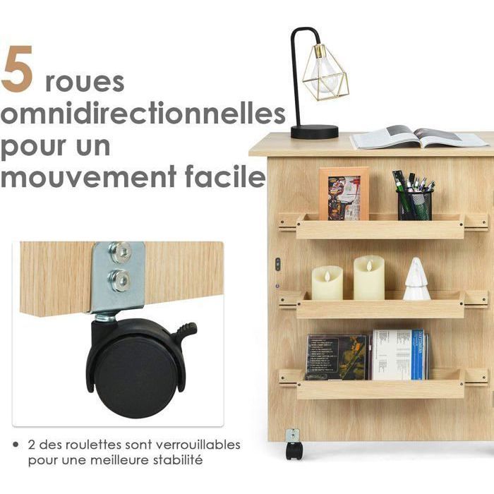 Table De Couture Pliante HOMCOM Avec Rangement - Plateau Rabattable, Roulettes - Blanc 117x40x77,5 Cm