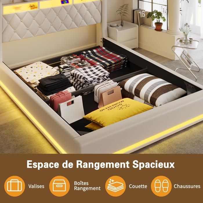 Lit Double 140x190 Cm Avec Tête De Lit Rangement Et LED – Sommier Intégré, 4 Tiroirs, Ports USB, Beige