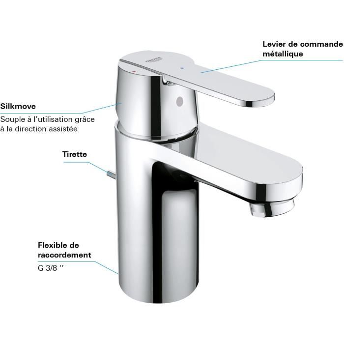 Robinet de salle de bain Grohe Mitigeur lavabo Quickfix Feel avec tirette  et vidage taille S + nettoyant GrohClean