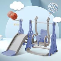 Toboggan Bébé Enfant Multifonctionnel avec Balançoire Support de basket pour l'intérieur et l'extérieur - bleu