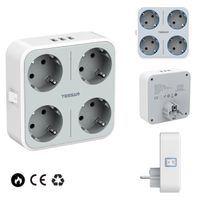 TESSAN Prise Electrique - 4 prises 16A et 3 Ports USB (3A),Parafoudre,Interrupteur-Gris