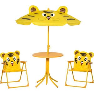 Ensemble table et chaise de jardin Ensemble salon de jardin enfant 4 pcs design tigre - table ronde + 2 chaises pliables + parasol - métal époxy oxford jaune