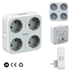 MULTIPRISE TESSAN Prise Electrique - 4 prises 16A et 3 Ports USB (3A),Parafoudre,Interrupteur-Gris