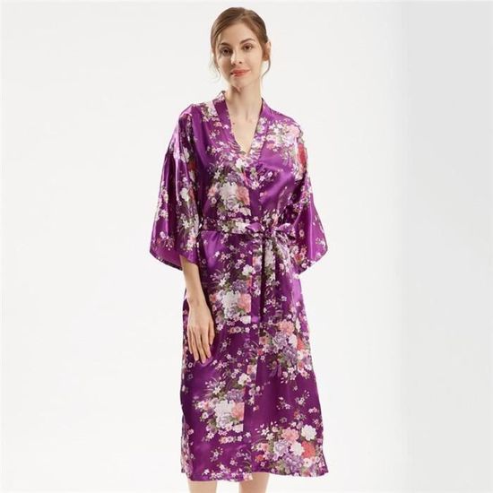 Kimono en Satin imprimé pour femmes, Lingerie intime, longue, Sexy, peignoir, vêtements de nuit [85E0812]