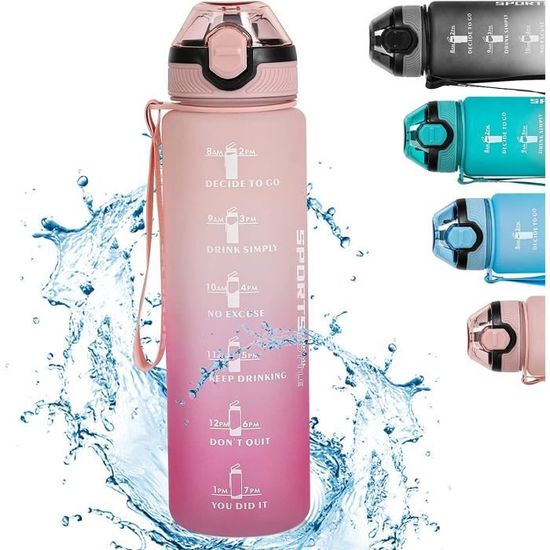 Gourde Sport 1 Litre Avec Paille Et Marqueur De Temps - Anti-fuite, Ouverture Simple, Dragonne Incluse - 7