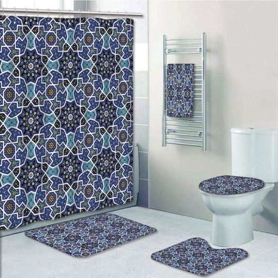 Ensemble Salle De Bain 4 Pièces - Rideau Douche 180x180 Cm + Tapis WC + Housse WC + Tapis Bain - Matériaux EVA Et Flanelle - 8