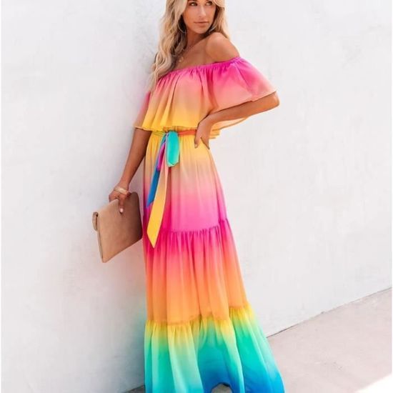Robe arc en ciel tendance a epaules denudees pour femme Robe decontractee a boutons Rose Avec col couleur de l image Cdiscount Pret a Porter