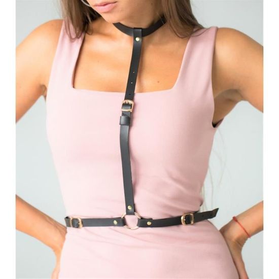 QH-Shop Harnais De Jambe En Cuir Gothique Femme Jarretelles Anneau De Jambe Coeur Porte Jarretelle Avec Pinces En Métal Noir 2Pcs