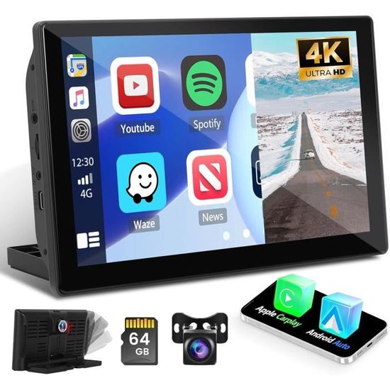 Écran CarPlay 10,26" Sans Fil + Android Auto – Super Link Vidéo, GPS, Bluetooth, FM, OTA, Contrôle Vocal, 7-32V
