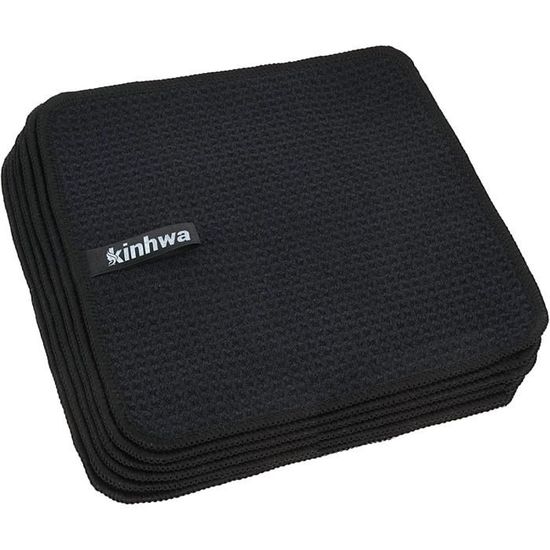 KinHwa Lot De 6 Torchons De Cuisine Microfibre Noirs - Ultra Absorbants, Essuie-Vaisselle Doux Sans Peluches 30x30cm Lavables