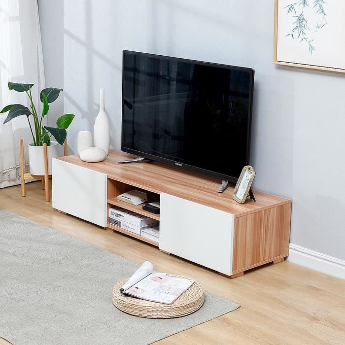 YIS Meuble TV - Banc TV - Style moderne - En bois MDF - Décor Blanc et Chêne - 140 x 40 x 31 cm