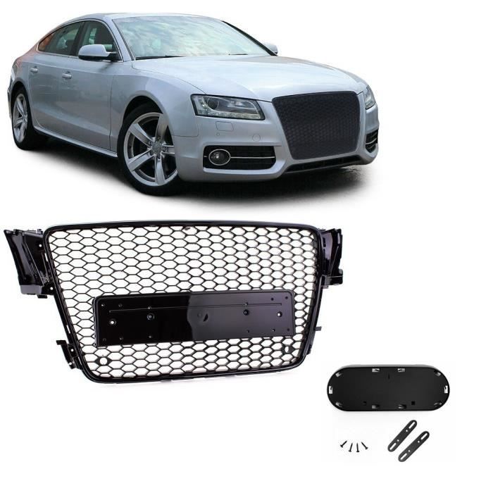 CALANDRE LOOK RS5 NOIR BRILLANT POUR AUDI A5 DE 06/2007 A 07/2011 AVEC SUPPORT PDC